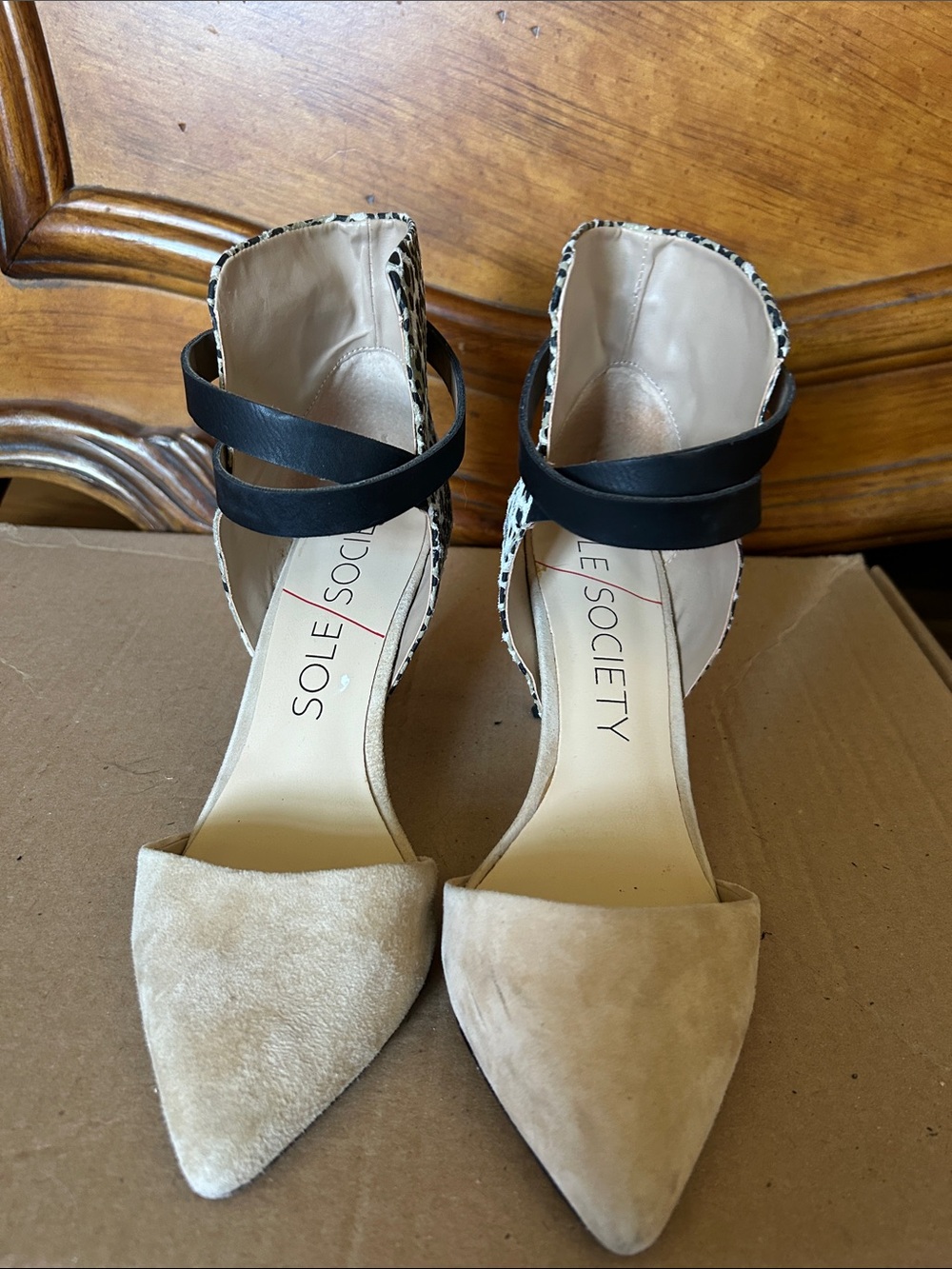 Sole Society Two-Tone Beige Pointed Toe Heels with Black Straps